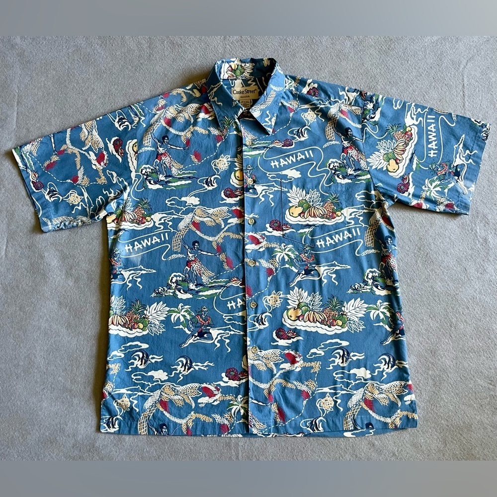 Cooke Street Men’s Hawaiian Blue Fish Island Fruit Pattern Size Medium Cotton